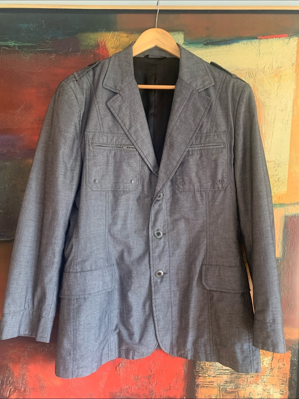 Vintage Italian Grey Cotton Safari Utility Blazer/Jacket, Size L